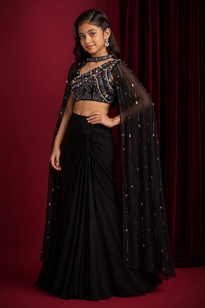 Black Georgette Hand Embroidered Lehenga Set For Girls by Aayushi Maniar Kids at Pernia's Pop Up Shop