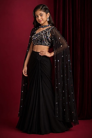 Black Georgette Hand Embroidered Lehenga Set For Girls by Aayushi Maniar Kids