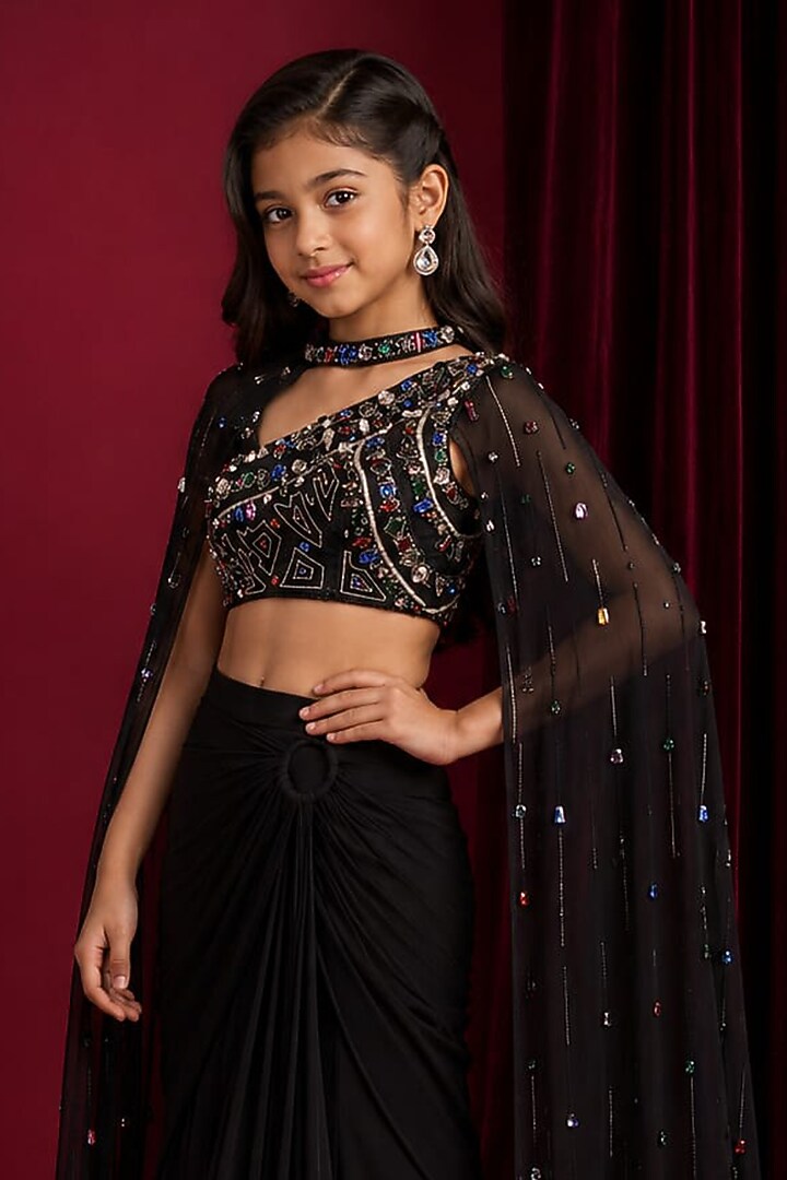 Black Georgette Hand Embroidered Lehenga Set For Girls by Aayushi Maniar Kids at Pernia's Pop Up Shop