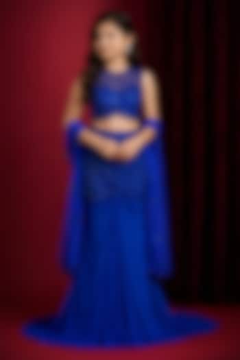 Blue Soft Net Hand Embroidered Lehenga Set For Girls by Aayushi Maniar Kids at Pernia's Pop Up Shop
