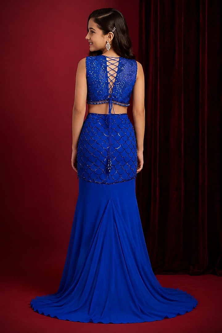 Blue Soft Net Hand Embroidered Lehenga Set For Girls by Aayushi Maniar Kids at Pernia's Pop Up Shop