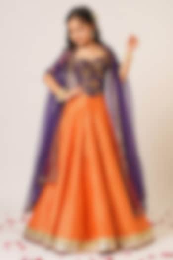 Orange Organza Tissue Hand Embroidered Lehenga Set For Girls by Aayushi Maniar Kids at Pernia's Pop Up Shop