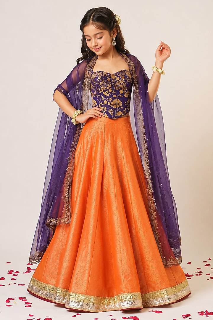 Orange Organza Tissue Hand Embroidered Lehenga Set For Girls by Aayushi Maniar Kids at Pernia's Pop Up Shop