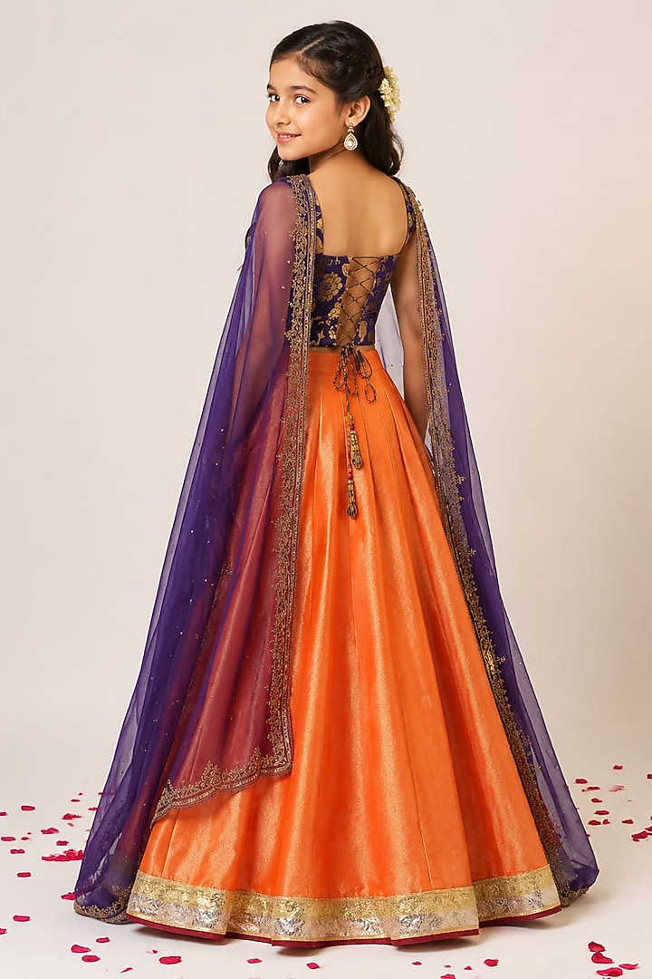 Orange Organza Tissue Hand Embroidered Lehenga Set For Girls by Aayushi Maniar Kids at Pernia's Pop Up Shop