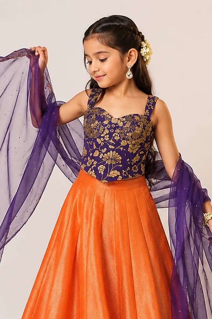 Orange Organza Tissue Hand Embroidered Lehenga Set For Girls by Aayushi Maniar Kids at Pernia's Pop Up Shop