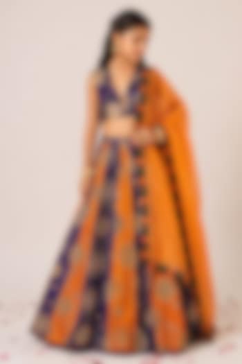 Purple Organza Tissue Hand Embroidered Lehenga Set For Girls by Aayushi Maniar Kids at Pernia's Pop Up Shop