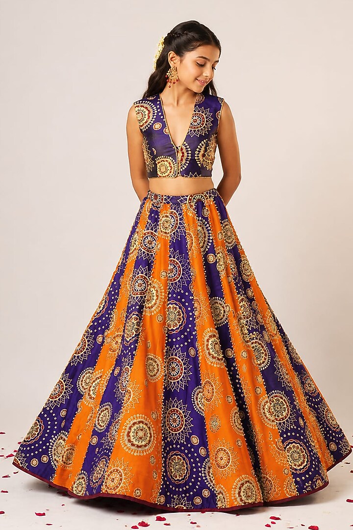 Purple Organza Tissue Hand Embroidered Lehenga Set For Girls by Aayushi Maniar Kids at Pernia's Pop Up Shop