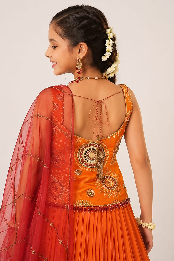 Orange Georgette Hand Embroidered Lehenga Set For Girls by Aayushi Maniar Kids at Pernia's Pop Up Shop