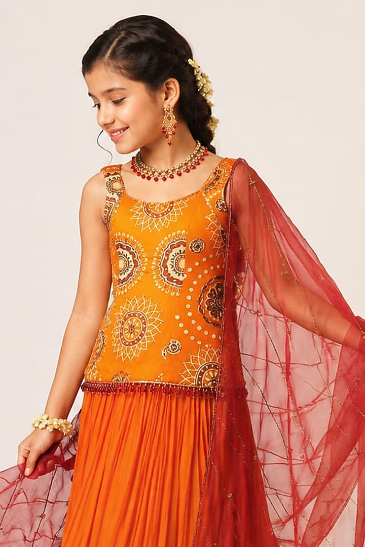 Orange Georgette Hand Embroidered Lehenga Set For Girls by Aayushi Maniar Kids at Pernia's Pop Up Shop