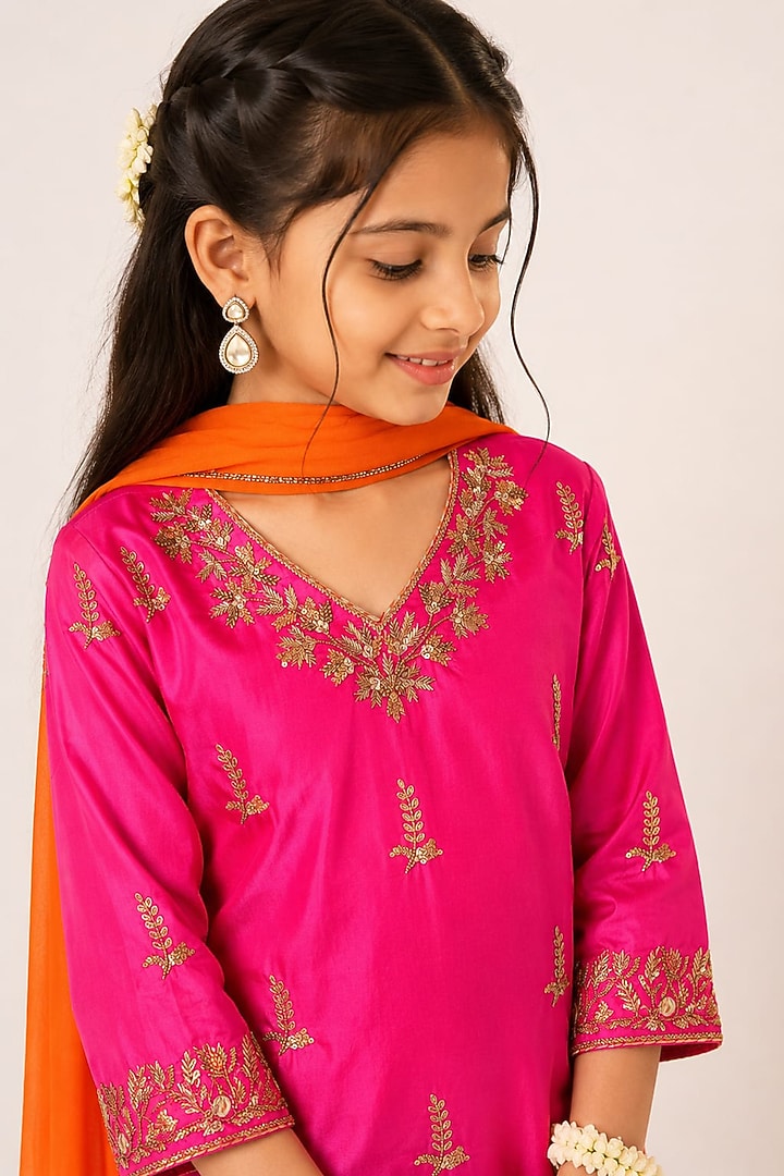 Pink Silk Hand Embroidered Tunic Set For Girls by Aayushi Maniar Kids at Pernia's Pop Up Shop