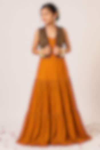 Mustard Yellow Organza Tissue Hand Embroidered Anarkali Set For Girls by Aayushi Maniar Kids at Pernia's Pop Up Shop