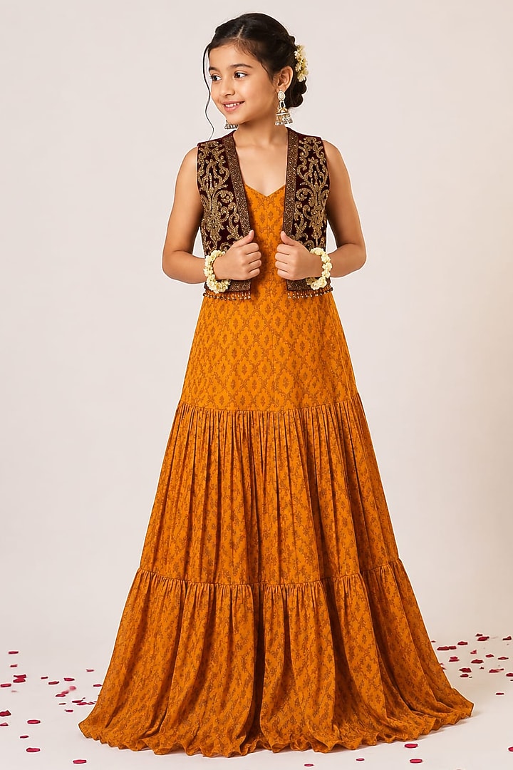 Mustard Yellow Organza Tissue Hand Embroidered Anarkali Set For Girls by Aayushi Maniar Kids at Pernia's Pop Up Shop
