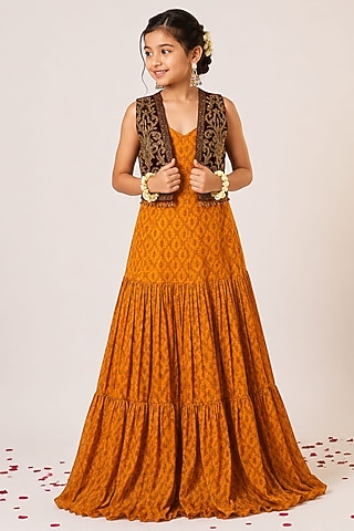 Mustard Yellow Organza Tissue Hand Embroidered Anarkali Set For Girls by Aayushi Maniar Kids