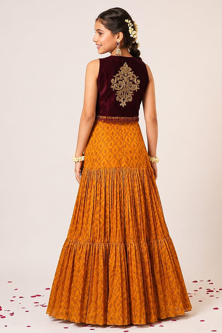 Mustard Yellow Organza Tissue Hand Embroidered Anarkali Set For Girls by Aayushi Maniar Kids at Pernia's Pop Up Shop
