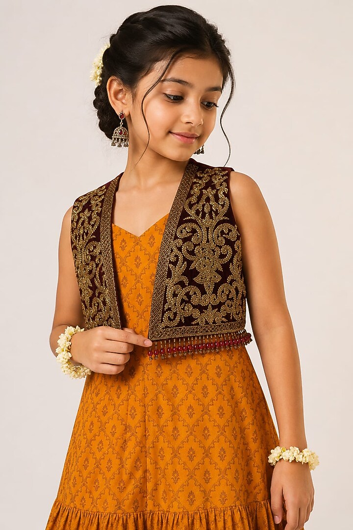 Mustard Yellow Organza Tissue Hand Embroidered Anarkali Set For Girls by Aayushi Maniar Kids at Pernia's Pop Up Shop