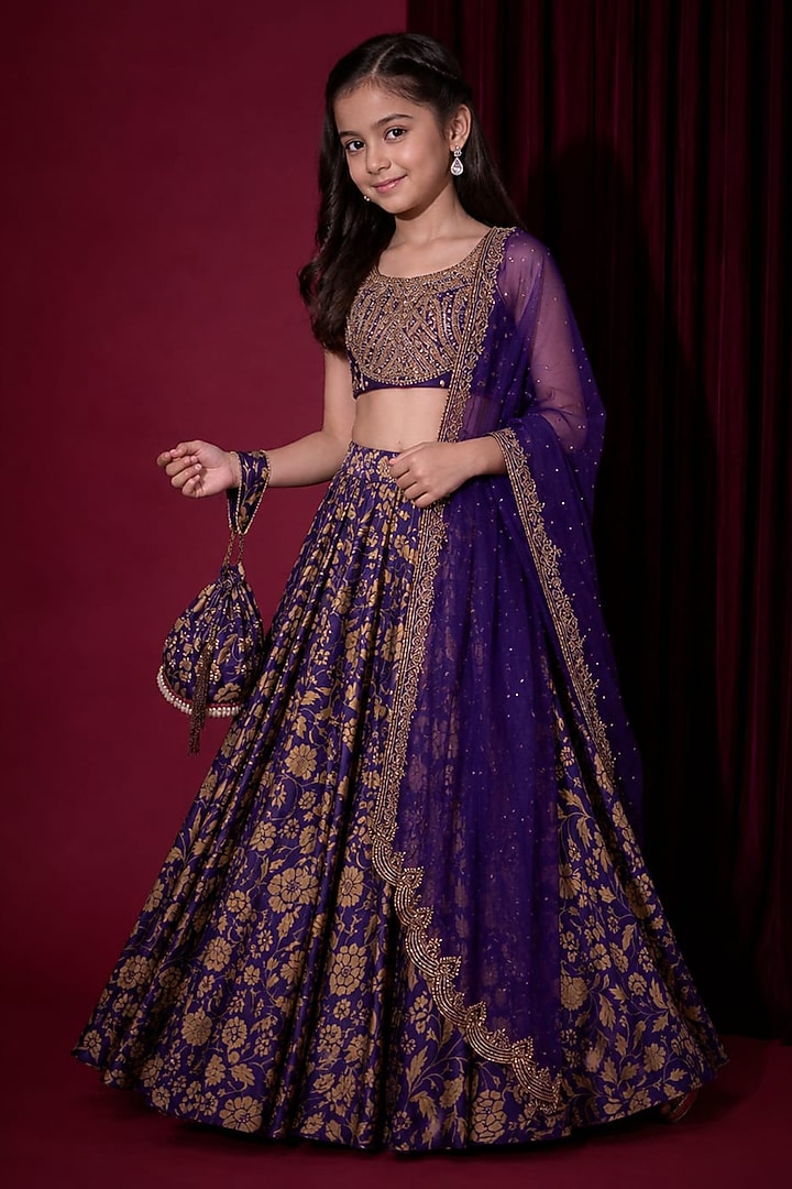 Purple Crepe Silk Hand Embroidered Lehenga Set For Girls by Aayushi Maniar Kids at Pernia's Pop Up Shop