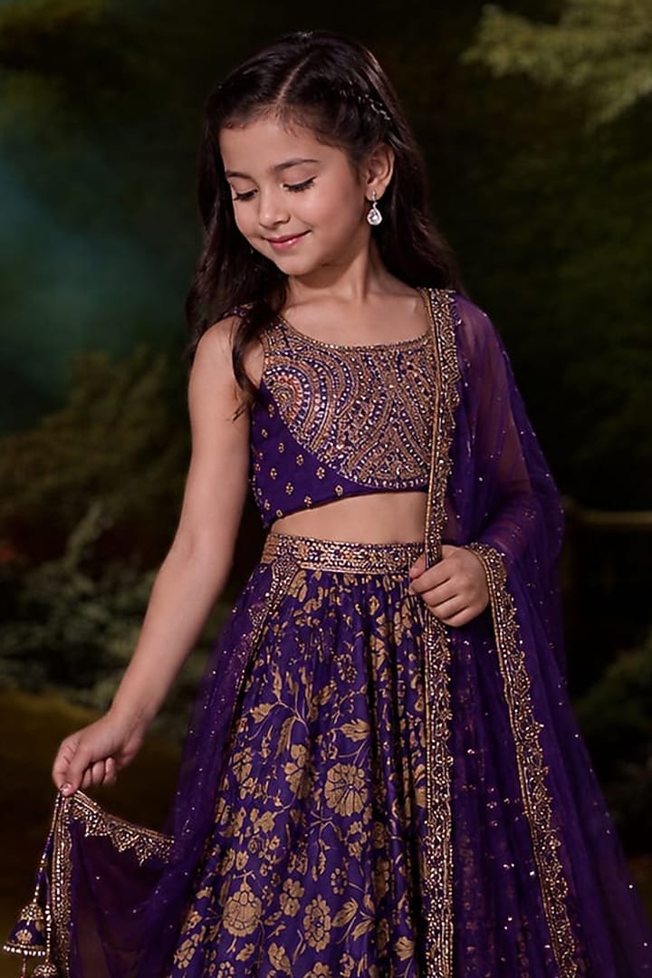 Purple Crepe Silk Hand Embroidered Lehenga Set For Girls by Aayushi Maniar Kids at Pernia's Pop Up Shop