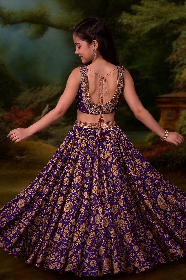 Purple Crepe Silk Hand Embroidered Lehenga Set For Girls by Aayushi Maniar Kids at Pernia's Pop Up Shop