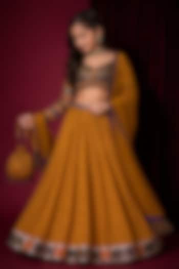 Mustard Yellow Tussar Silk Hand Embroidered Lehenga Set For Girls by Aayushi Maniar Kids at Pernia's Pop Up Shop