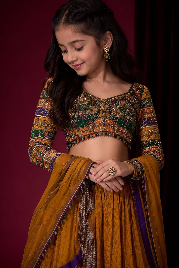 Mustard Yellow Tussar Silk Hand Embroidered Lehenga Set For Girls by Aayushi Maniar Kids at Pernia's Pop Up Shop