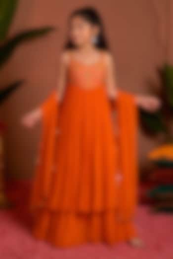 Orange Georgette Hand Embroidered Anarkali Set For Girls by Aayushi Maniar Kids at Pernia's Pop Up Shop