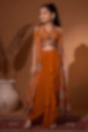 Orange Tussar Silk Skirt Set For Girls by Aayushi Maniar Kids at Pernia's Pop Up Shop