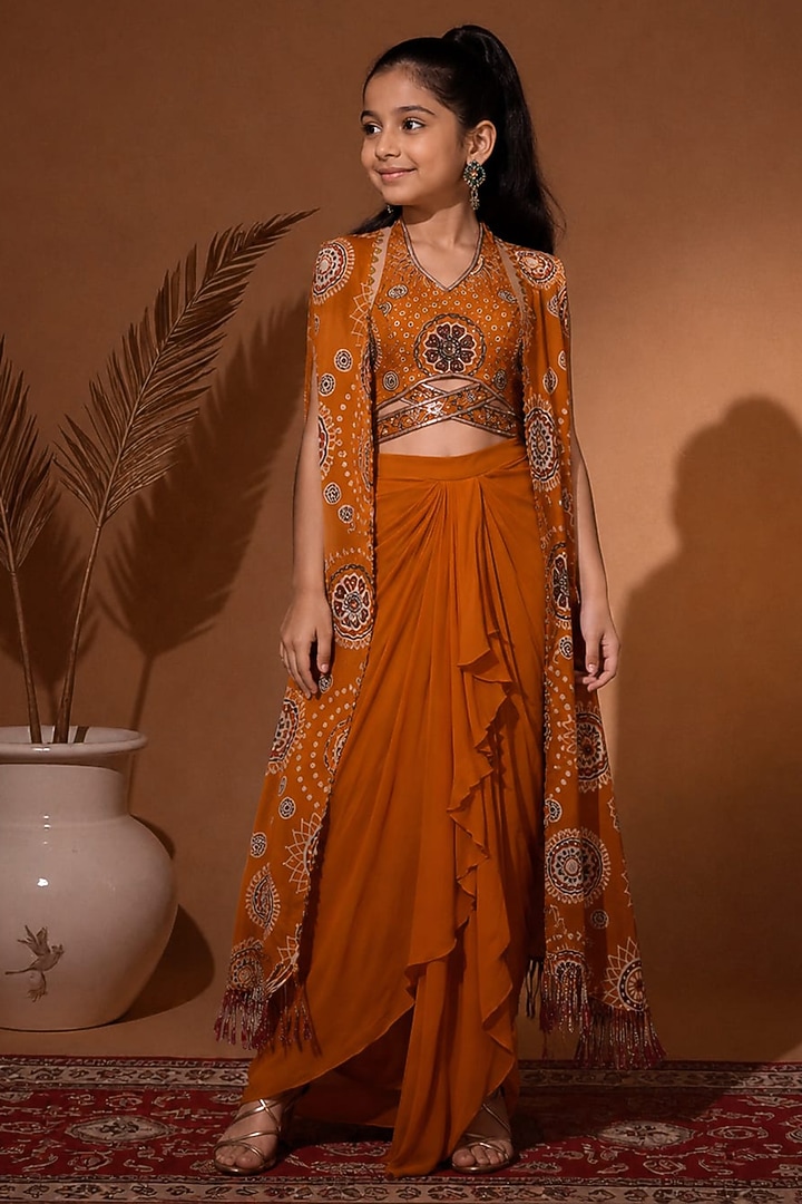 Orange Tussar Silk Skirt Set For Girls by Aayushi Maniar Kids at Pernia's Pop Up Shop