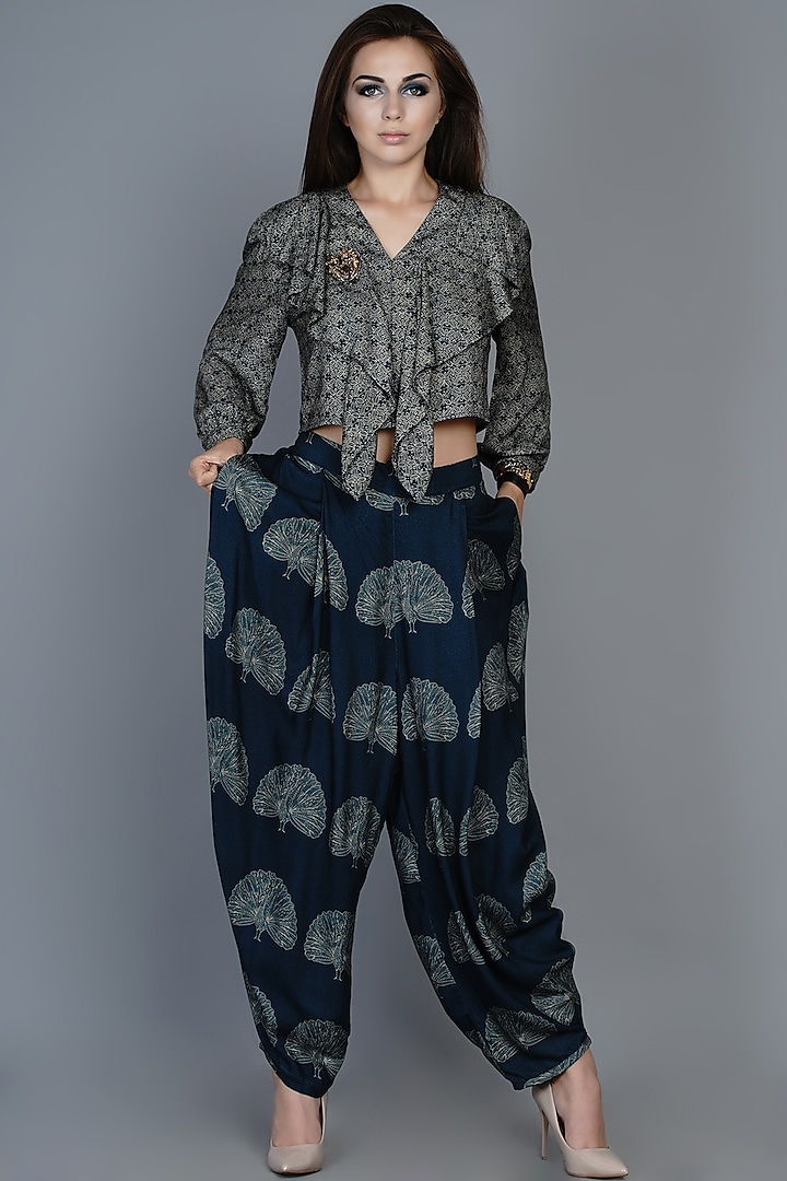 Navy Blue Printed Dhoti Set by Angry Owl