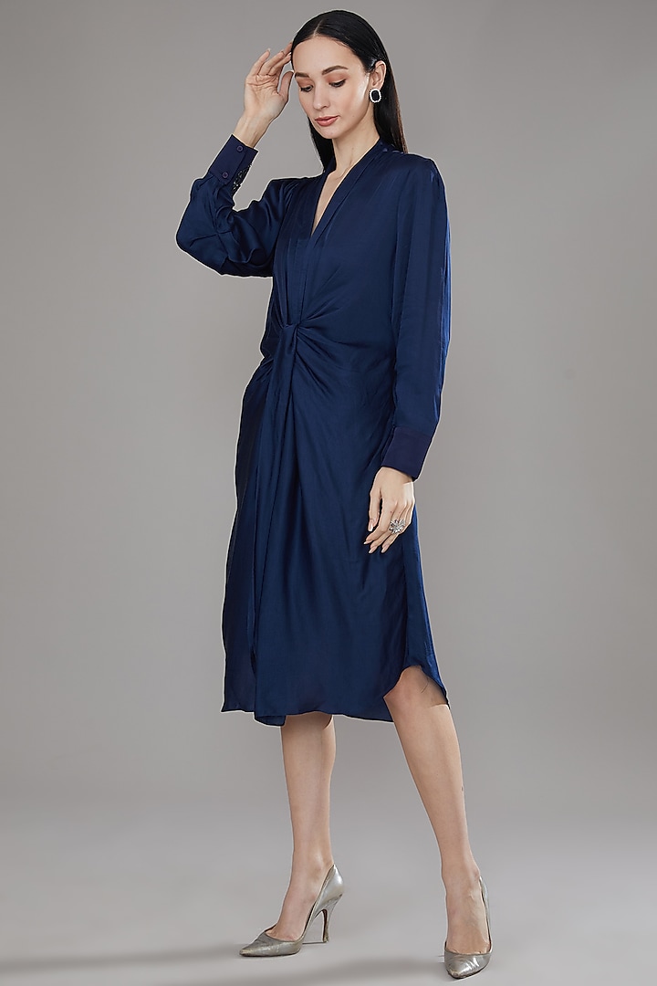 Blue Modal Satin Tie-Up Bugle Bead Embroidered Knee-Length Dress by Angry Owl