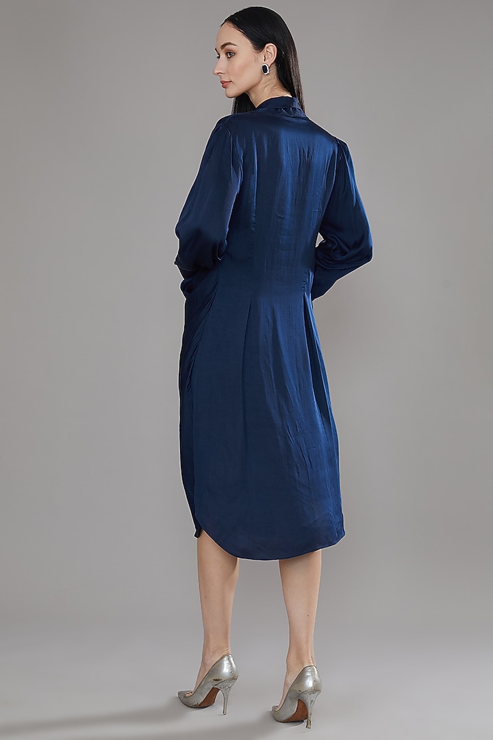 Blue Modal Satin Tie-Up Bugle Bead Embroidered Knee-Length Summer Dress by Angry Owl at Pernia's Pop Up Shop