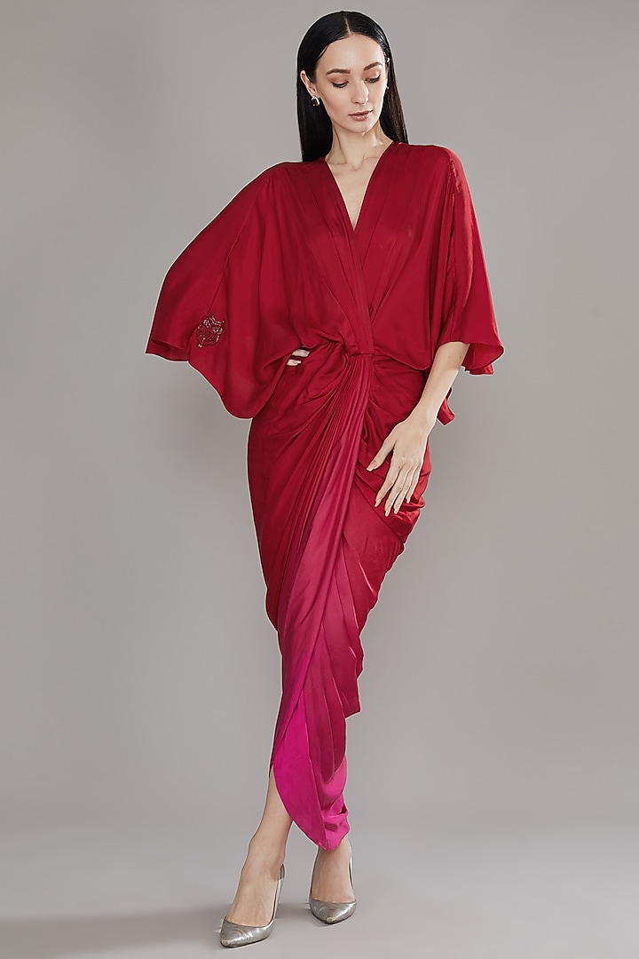 Pink Ombre Modal Satin Draped Maxi Dress by Angry Owl