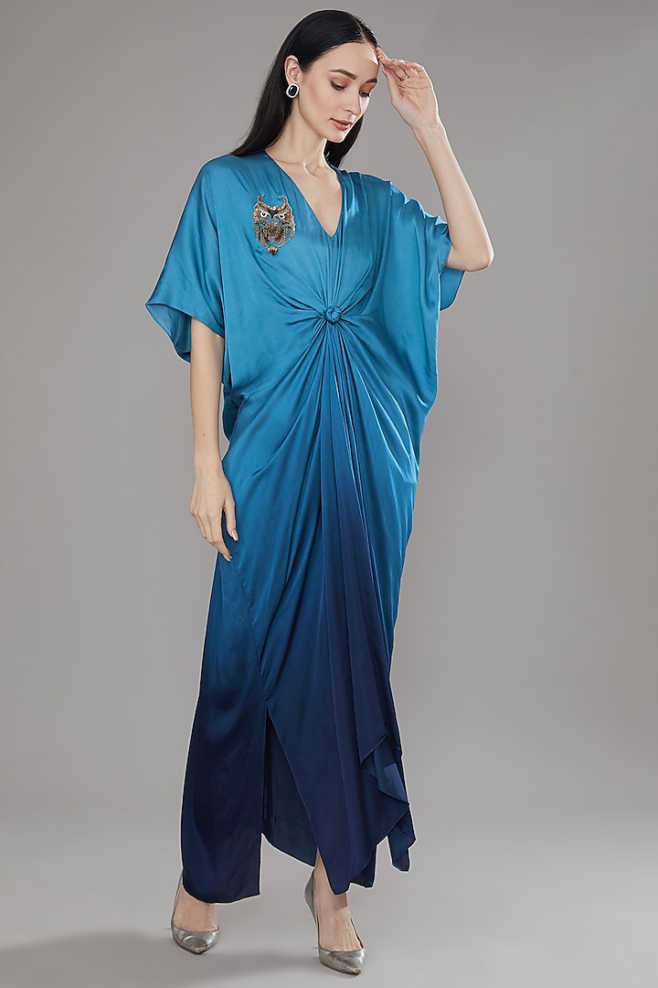 Blue Ombre Modal Satin Kaftan Style Maxi Dress by Angry Owl
