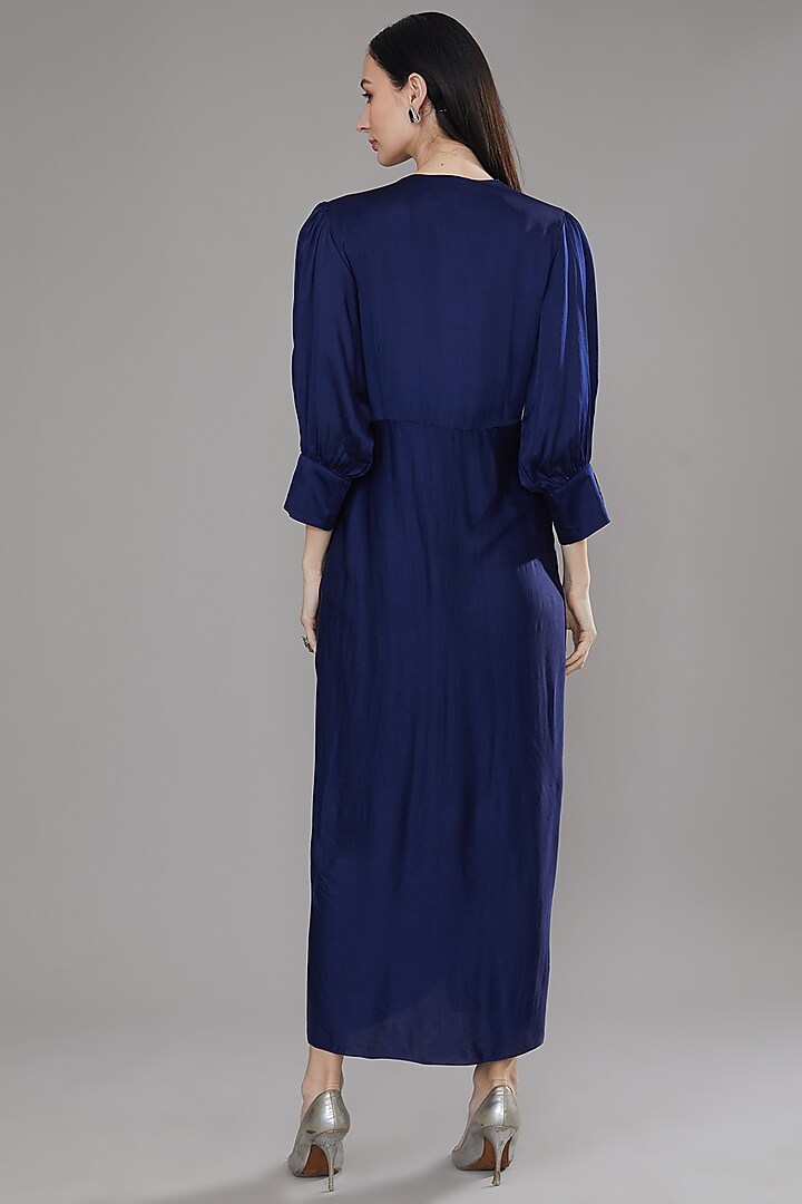 Blue Modal Satin Draped Midi Summer Dress by Angry Owl at Pernia's Pop Up Shop