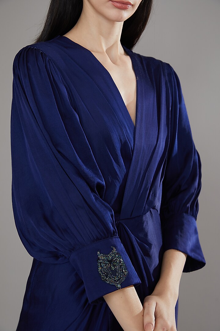 Blue Modal Satin Draped Midi Summer Dress by Angry Owl at Pernia's Pop Up Shop