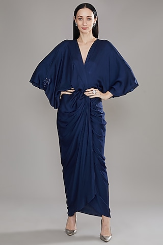 Blue Modal Satin Draped Midi Dress by Angry Owl