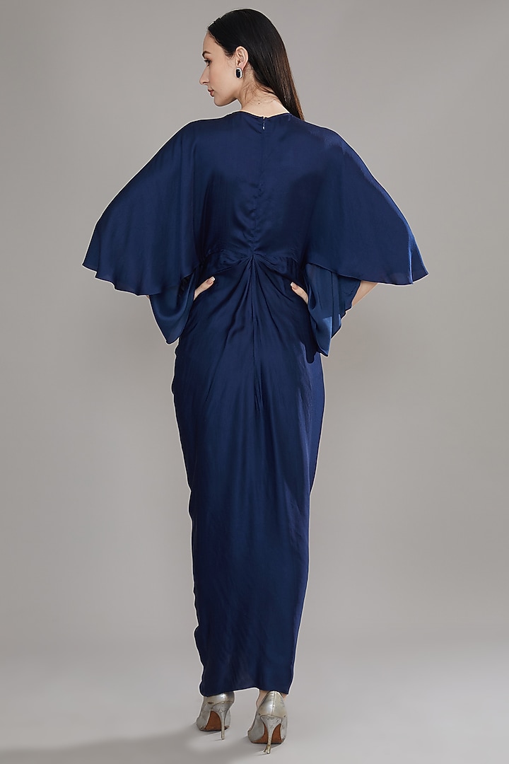 Blue Modal Satin Draped Midi Summer Dress by Angry Owl at Pernia's Pop Up Shop