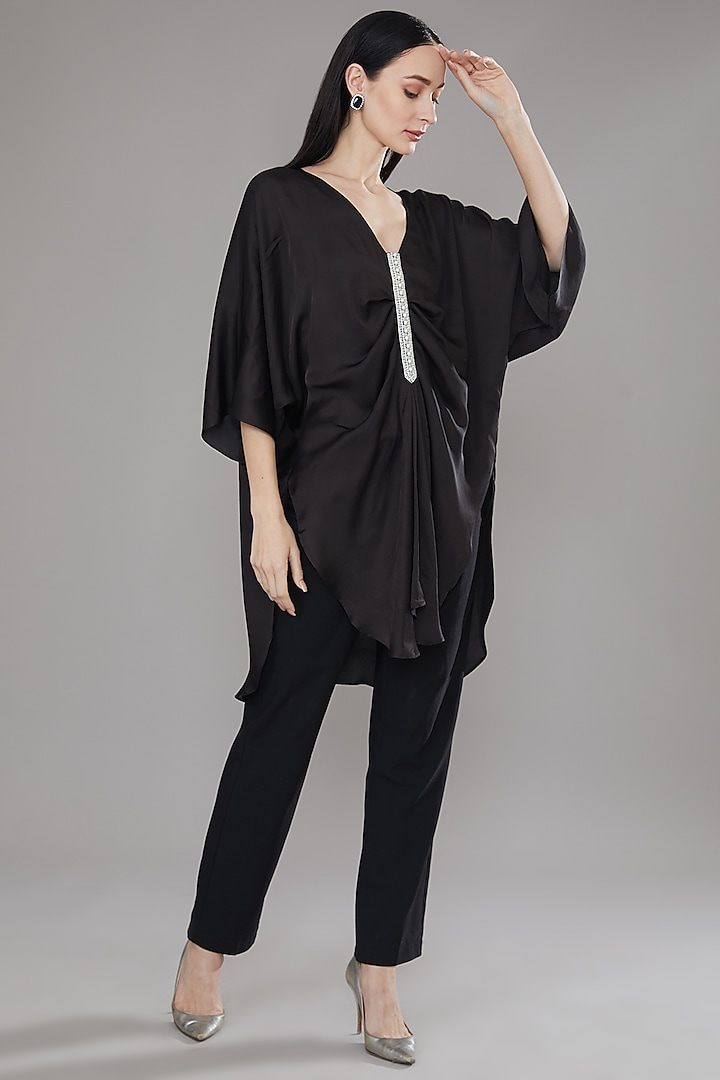 Black Modal Satin Bead Work Draped Top by Angry Owl