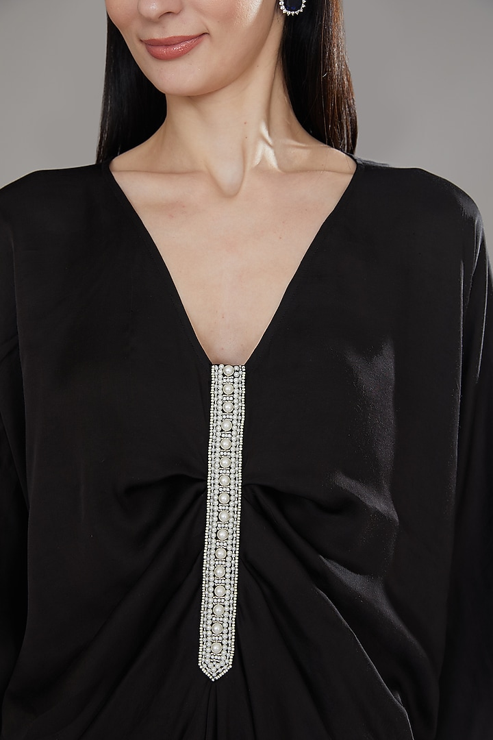 Black Modal Satin Bead Work Draped Top by Angry Owl at Pernia's Pop Up Shop
