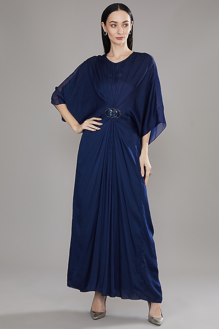 Blue Modal Satin & Organza Bead Kaftan Style Maxi Dress by Angry Owl
