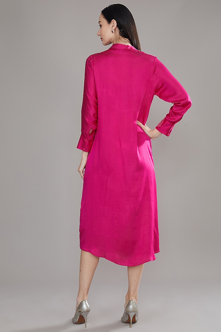 Pink Modal Satin Tie-Up Bugle Bead Embroidered Knee-Length Summer Dress by Angry Owl at Pernia's Pop Up Shop