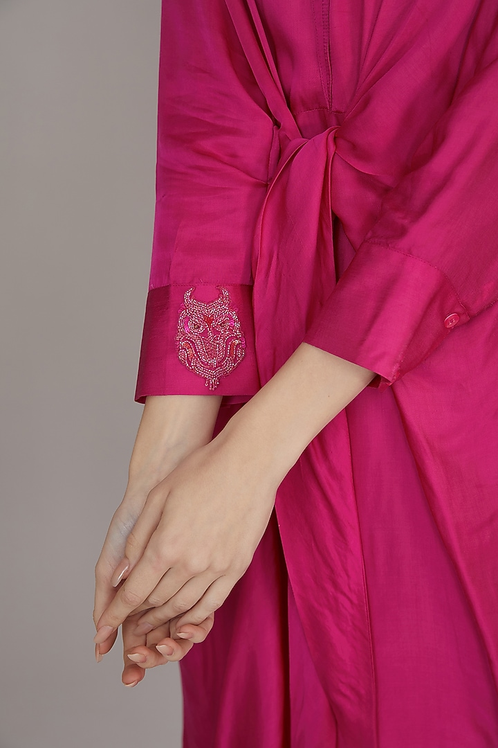 Pink Modal Satin Tie-Up Bugle Bead Embroidered Knee-Length Summer Dress by Angry Owl at Pernia's Pop Up Shop