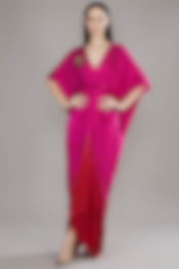 Hot Pink & Red Ombre Modal Satin Kaftan Style Maxi Dress by Angry Owl