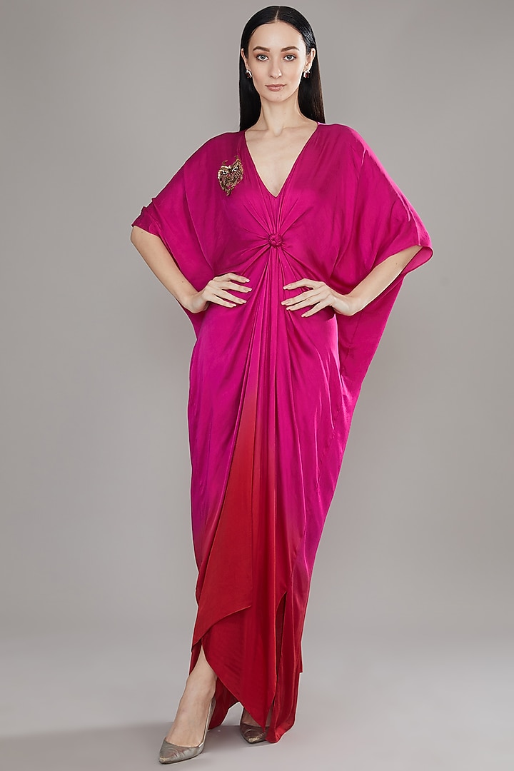 Hot Pink & Red Ombre Modal Satin Kaftan Style Maxi Dress by Angry Owl