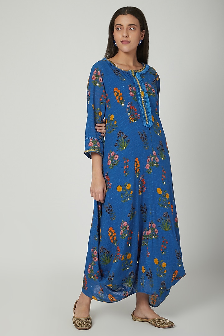 Cobalt Blue Printed Draped Dress Design by Ayinat By Taniya O'Connor at ...