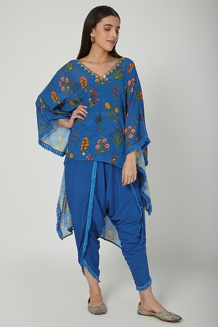 Cobalt Blue Embroidered & Printed Kaftan With Pants by Ayinat By Taniya O'Connor