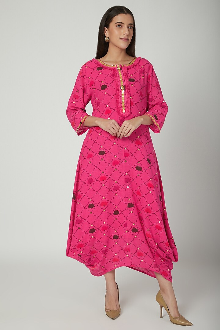 Fuchsia Embroidered Draped Dress by Ayinat By Taniya O'Connor