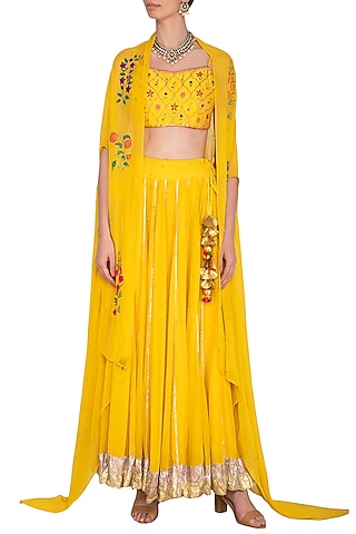 Yellow Embroidered Lehenga Set With Cape by Ayinat By Taniya O'Connor