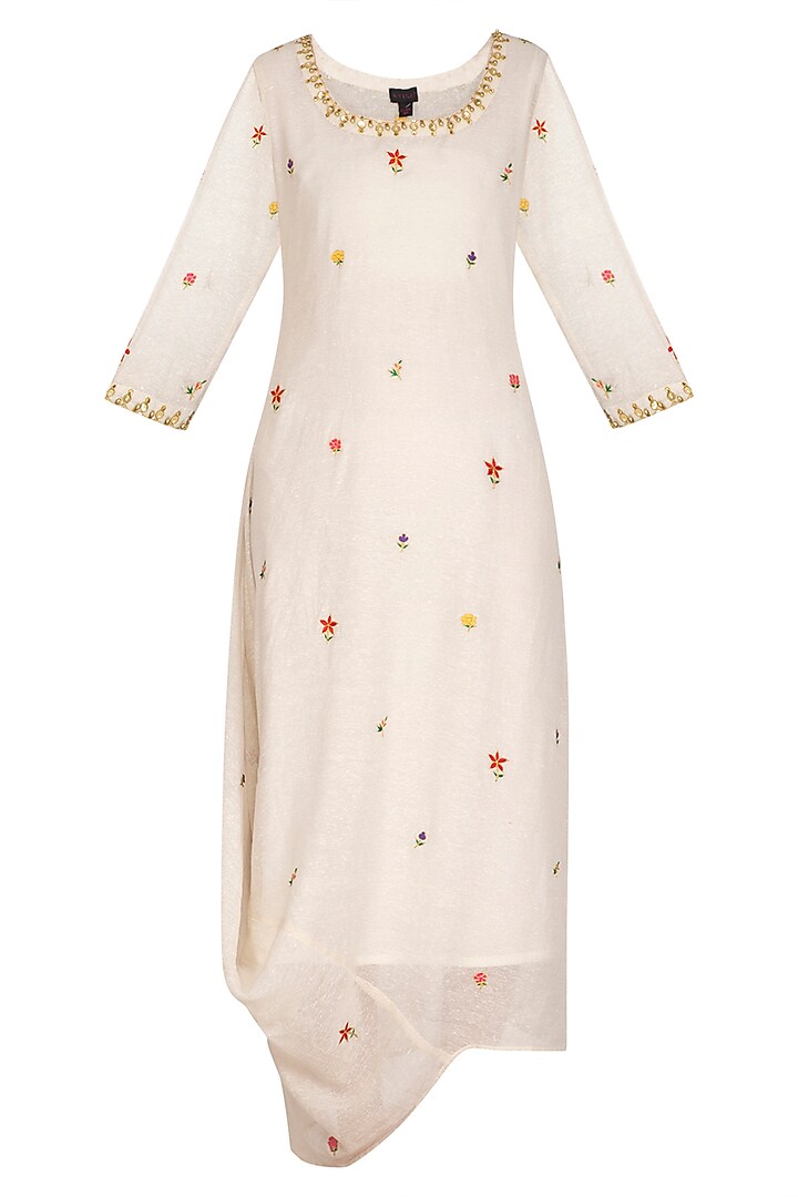 Ecru Side Cowl Embroidered Draped Kurta Dress With Slip by Ayinat By Taniya O'Connor