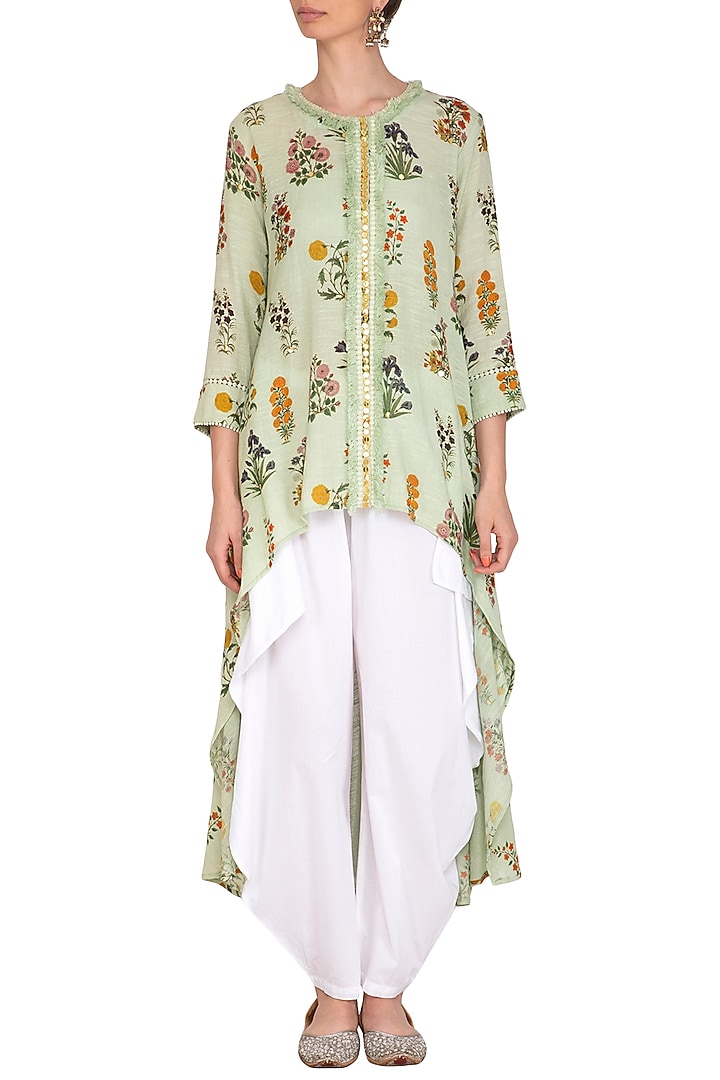 Jade Green High-Low Embroidered Tunic With Dhoti Pants by Ayinat By Taniya O'Connor at Pernia's Pop Up Shop