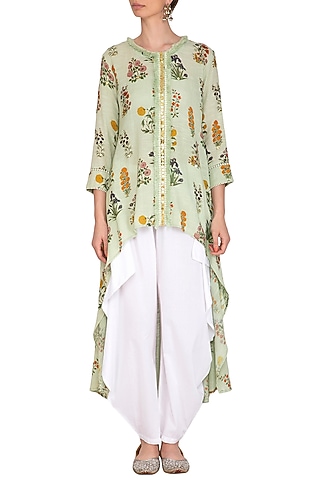Jade Green High-Low Embroidered Tunic With Dhoti Pants by Ayinat By Taniya O'Connor